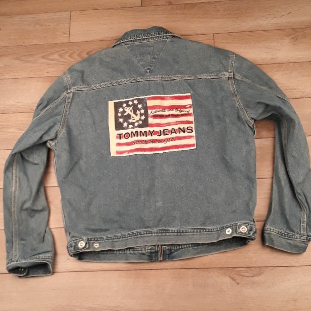 TOMMY‎ HILFIGER Jeans Flag Cotton Mens Medium Jean Jacket VTG RARE